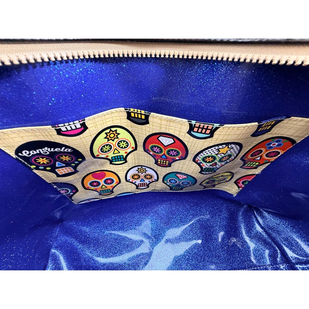 Consuela Classic Tote Black Quilted Diego Leather Trim Blue Glitter Skull Lining